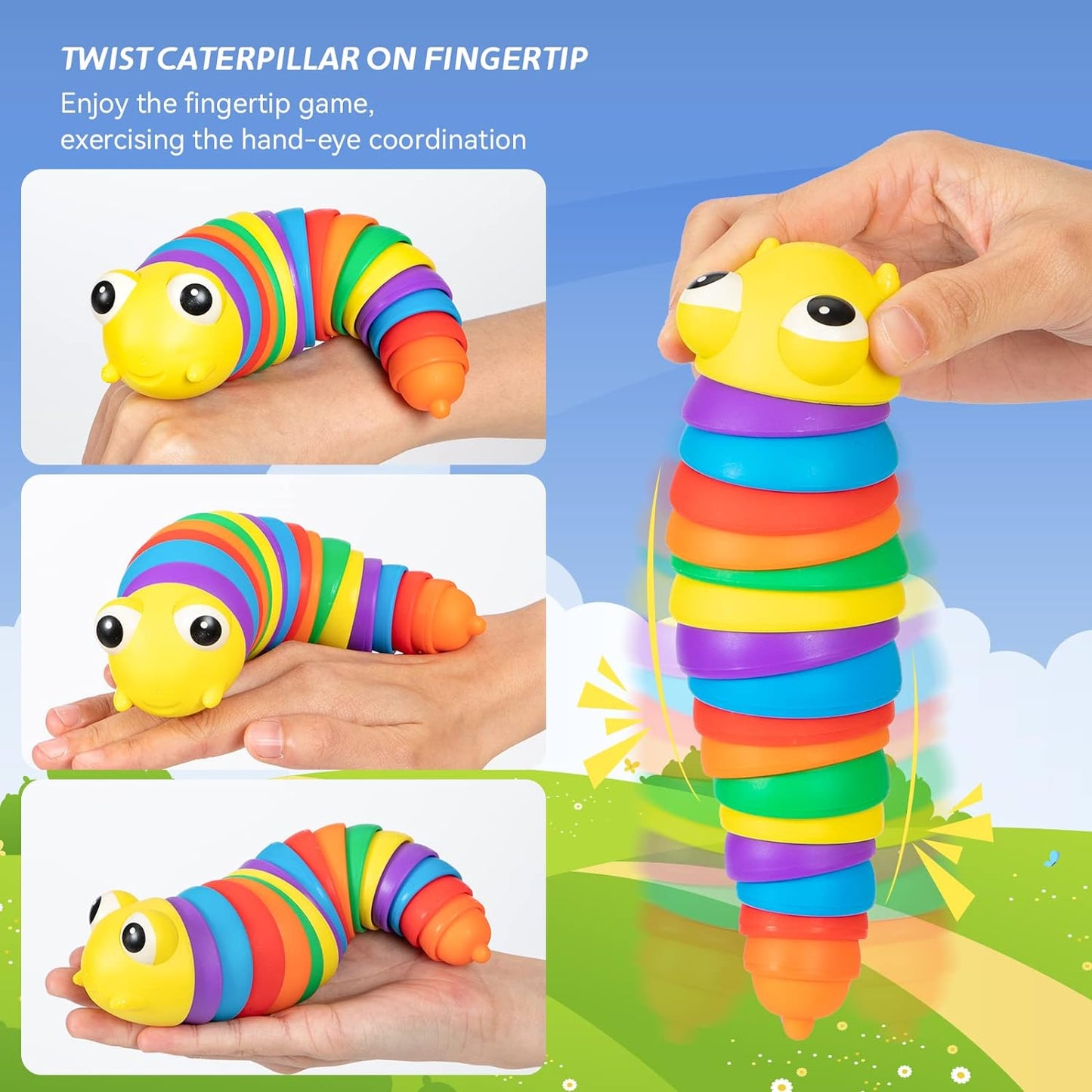 3D Rainbow Color Plastic Slug Fidget Toys, Stress Relieving Toy, Sensory Slug Toy for Boys and Girls, Finger slug Toy, for Autistic, Caterpillar Fidget Toys Stress Relief Gifts for Toddlers Kids Adults (1 Pc)