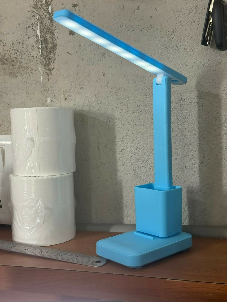 Blue LED Study Table Lamp with Pen Holder, Touch Control, 3 Light Modes