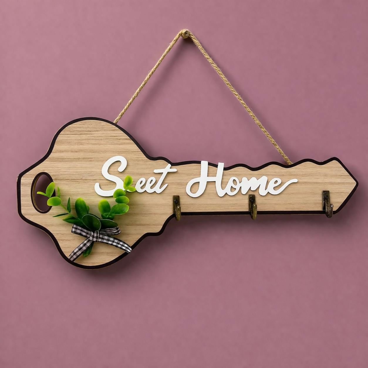 Wooden Key Shape Key Holder Wall Mount with 4 Hooks Organizer