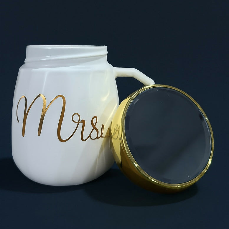 Mrs Ceramic Mug with Golden Lid – White Coffee Cup Gift for Women
