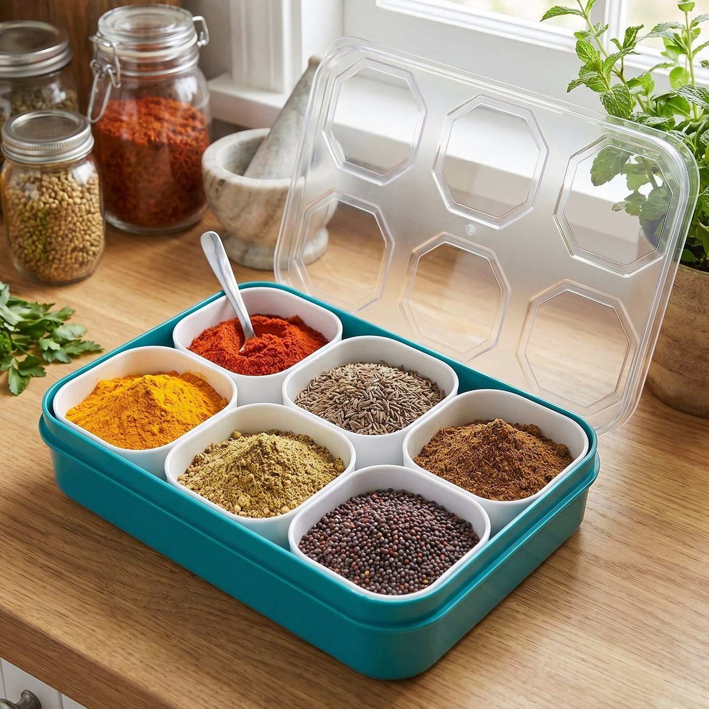 Plastic Real Masala Masti Box with 6 Compartments for Spice Storage