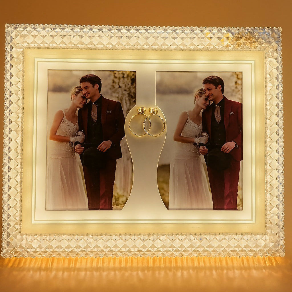 Luxury Double Photo LED Wedding Frame with Crystal Edge and Golden Ring Decor