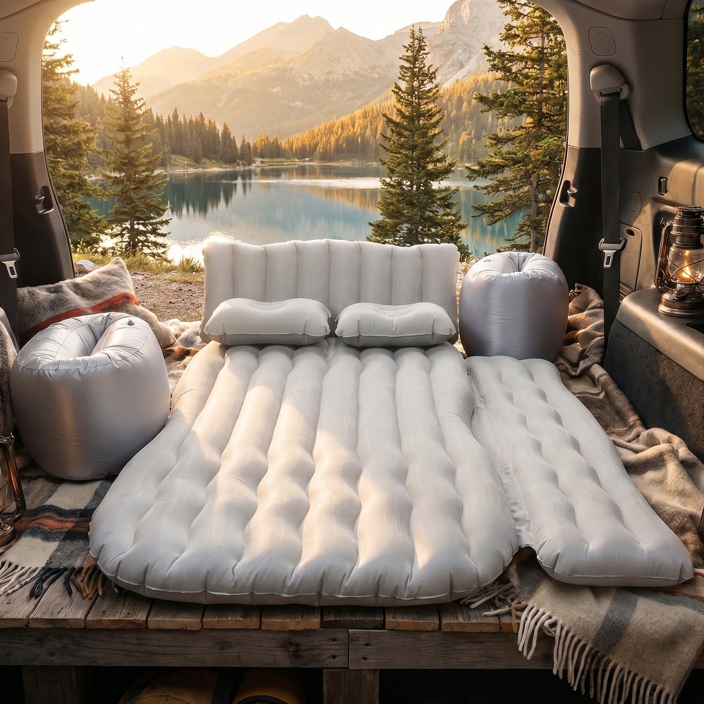 Portable Car Air Mattress Bed Set with 2 Pillows and Air Pump