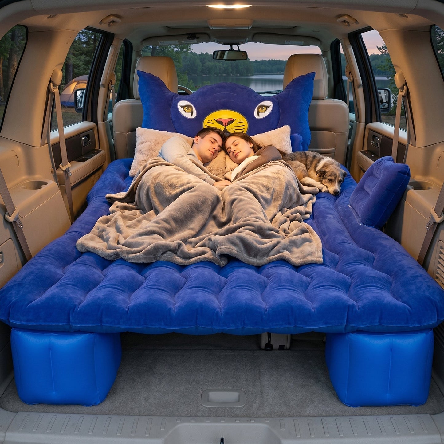 Inflatable Car Bed Set with Lion Head Pillow and Cushions for Comfortable Travel Sleeping (1 Set)