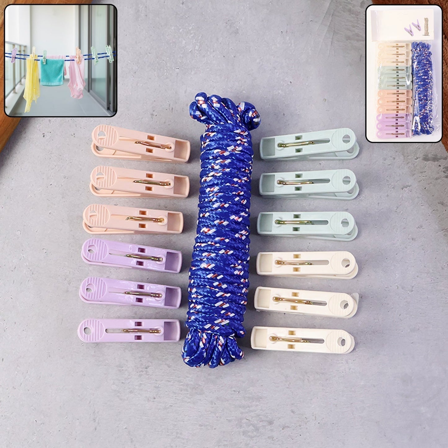 Clothesline Rope 12 Clips – 5 Meter Approx Heavy Duty Laundry Drying Rope with Clip