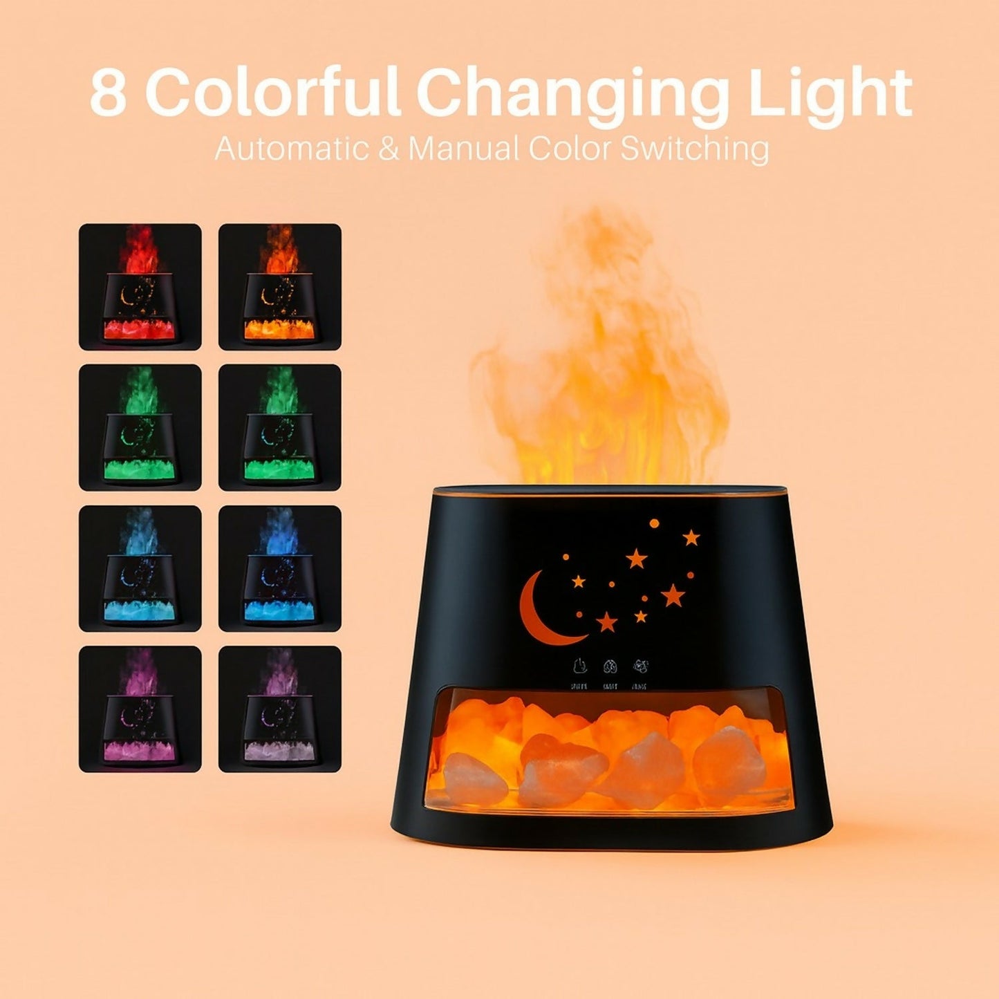 Moon & Stars Flame Aroma Diffuser with Himalayan Salt Rocks & Remote