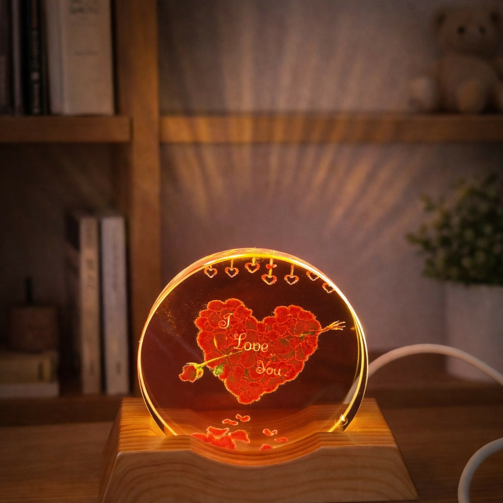 I Love You Heart Acrylic LED Lamp with Wooden Base Romantic Gift Light