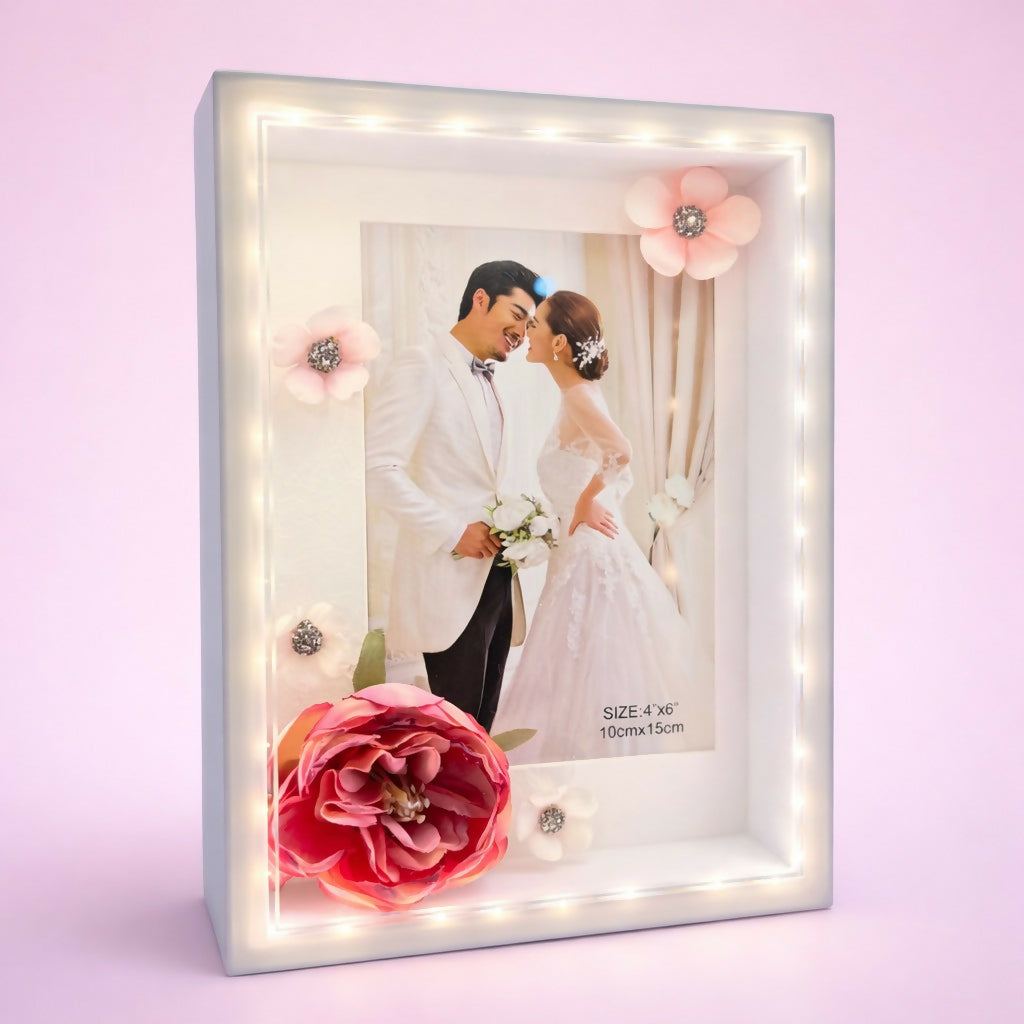 LED Photo Frame with Decorative Flower Design Tabletop Gift Frame ( Design may vary a little)