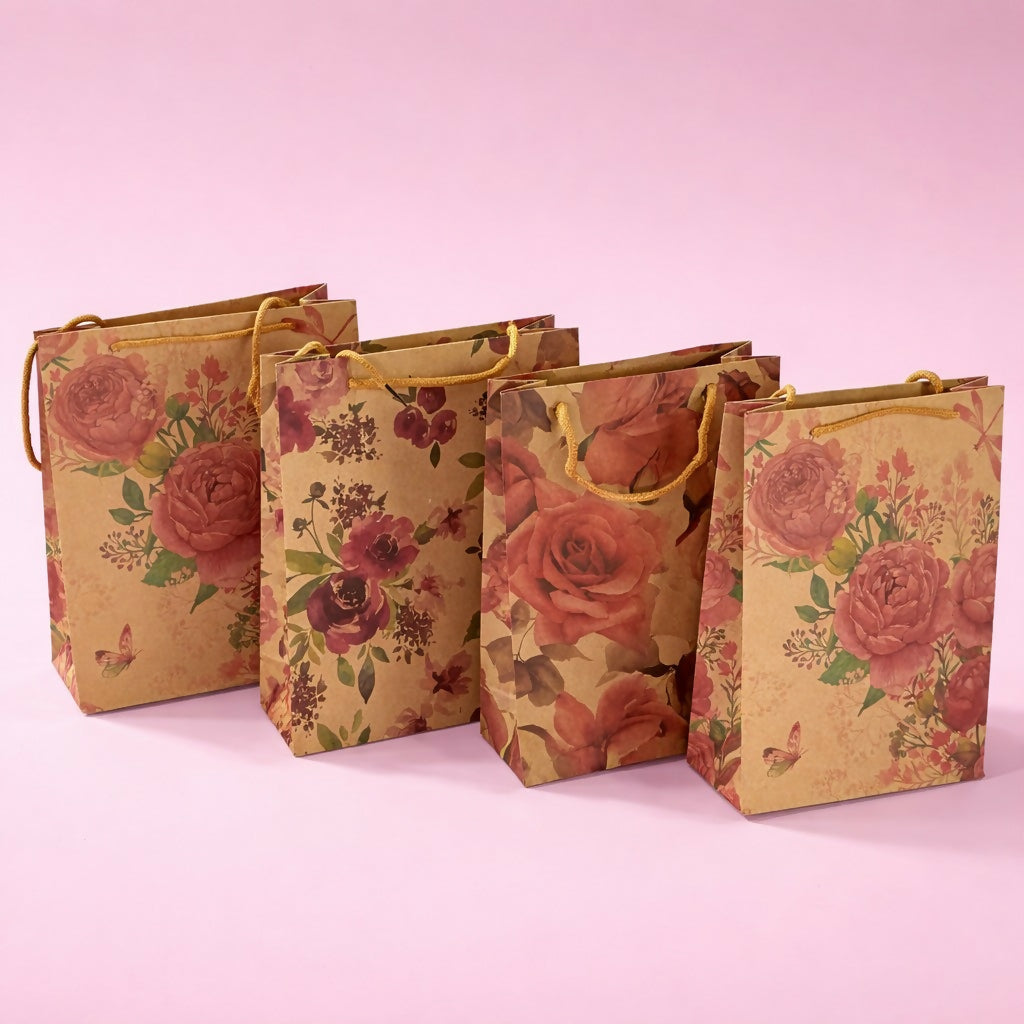 Small Floral Kraft Paper Gift Bags with Rope Handles Set of 4