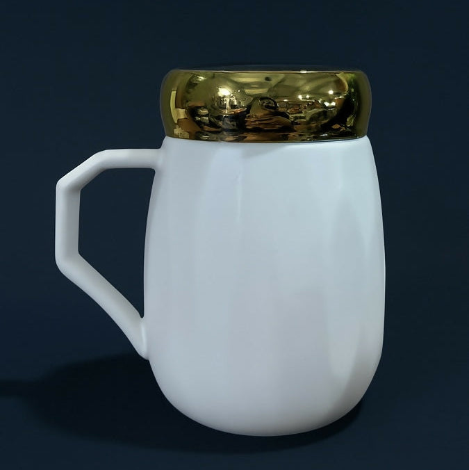 Mrs Ceramic Mug with Golden Lid – White Coffee Cup Gift for Women