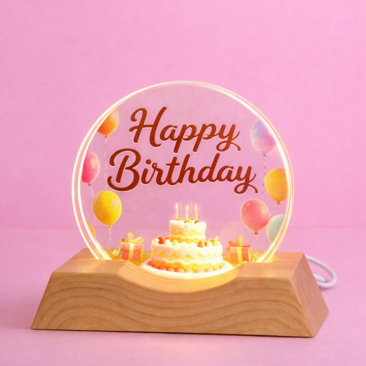 LED Happy Birthday Acrylic Night Lamp with Wooden Base Decor