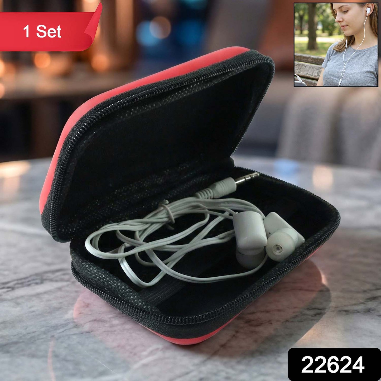 Premium Wired Earphone with Zipper Carry Case Set (1 Set)
