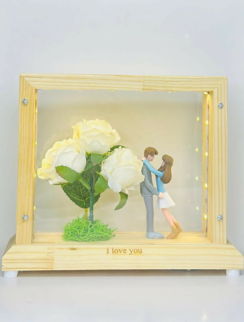 LED Light-Up Wooden Box Frame with Pink Roses & Couple Figurines Romantic Gift