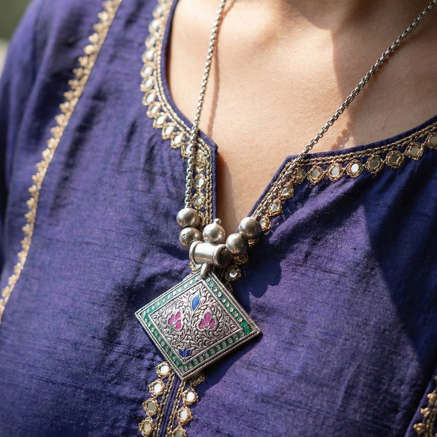 Traditional Square Motif Oxidised Silver Finish Pendant Necklace (1 Pc)