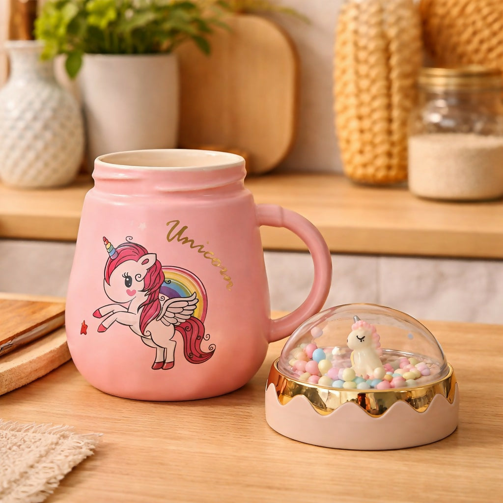 Unicorn Printed Ceramic Mug with Lid, Cute Kids Coffee Cup