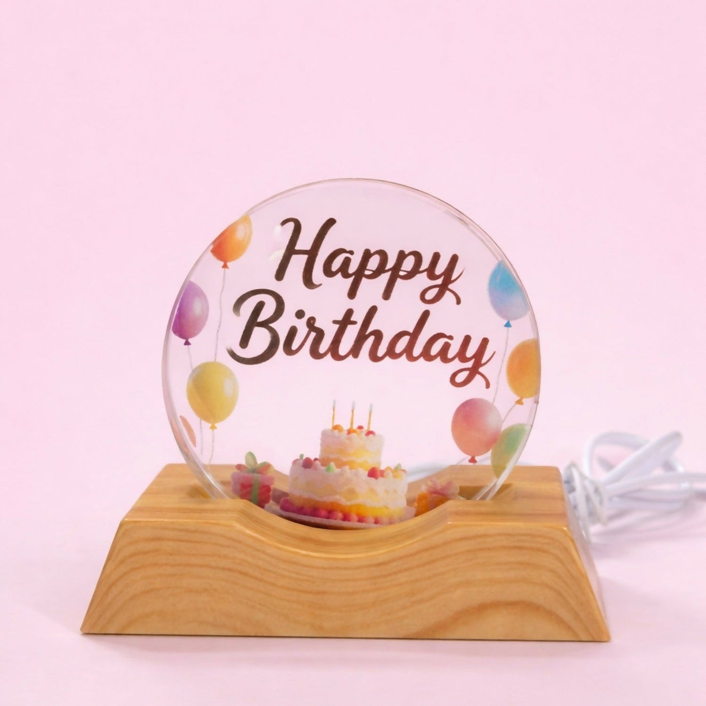 LED Happy Birthday Acrylic Night Lamp with Wooden Base Decor