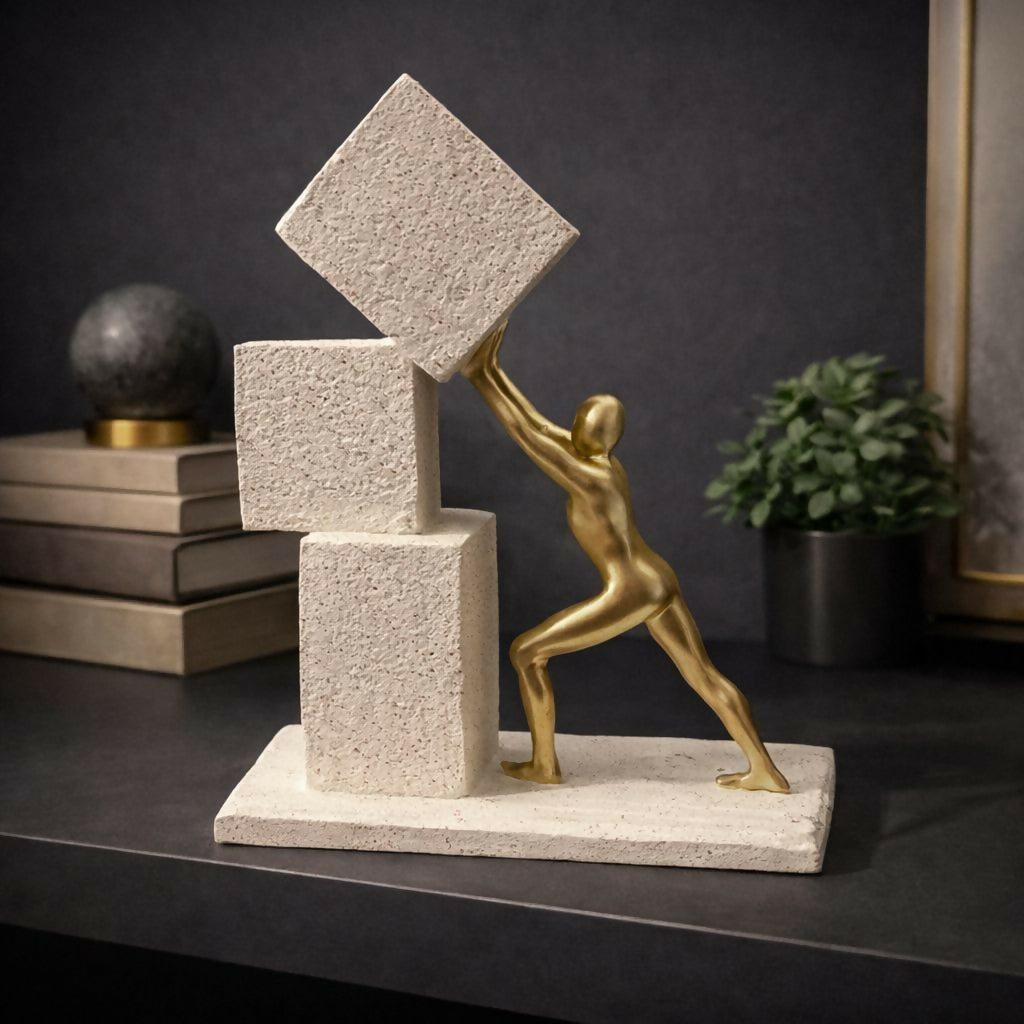 Abstract Human Figure Pushing Block Sculpture Home Decor (Color may vary)