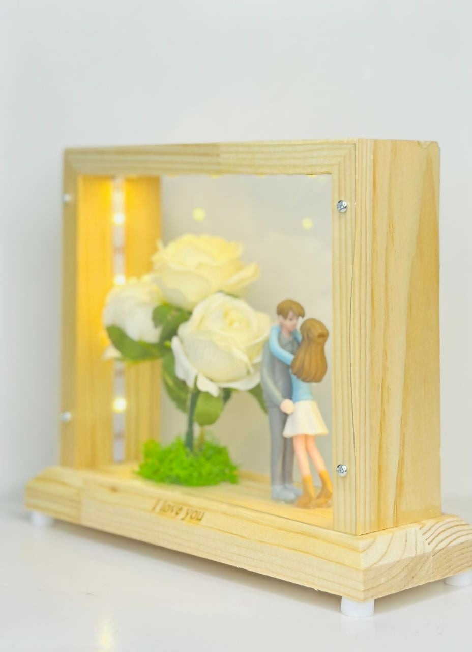 LED Light-Up Wooden Box Frame with Pink Roses & Couple Figurines Romantic Gift