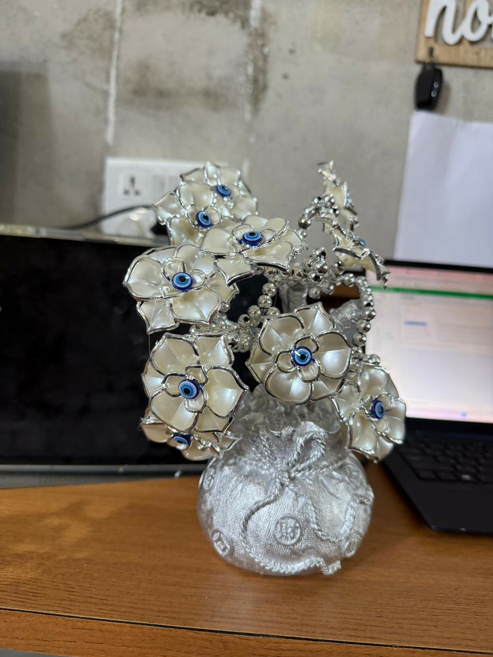 Silver Lucky Flower Tree Showpiece with Evil Eye Home Decor Statue