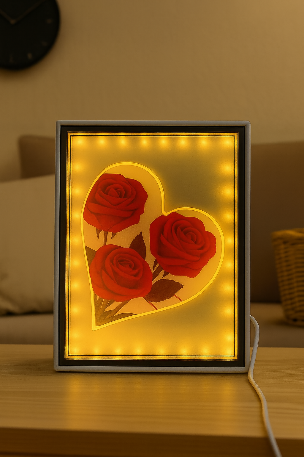 LED Rectangle Photo Frame with Heart and Red Roses Design