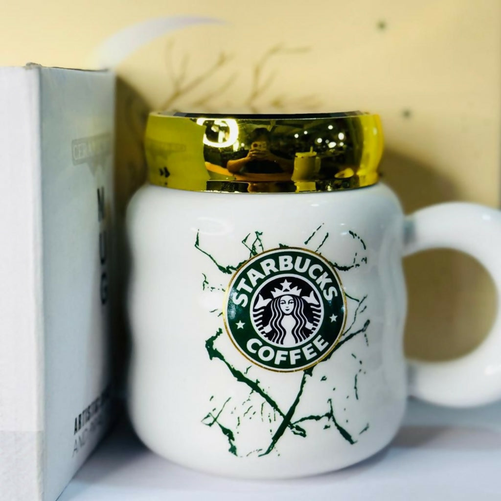 Ceramic Coffee Mug with Lid & Marble Design, Stylish Tea Cup (Color may vary)