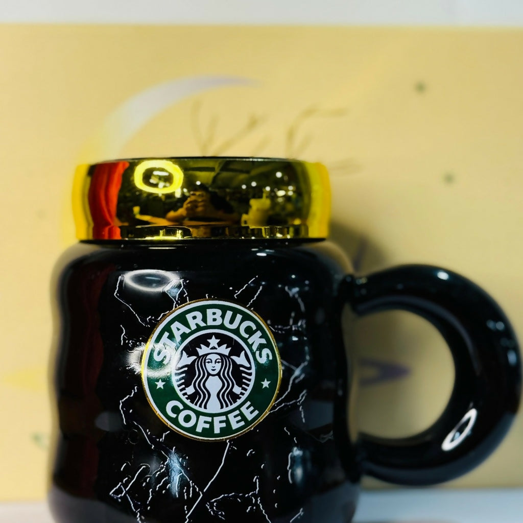 Ceramic Coffee Mug with Lid & Marble Design, Stylish Tea Cup (Color may vary)