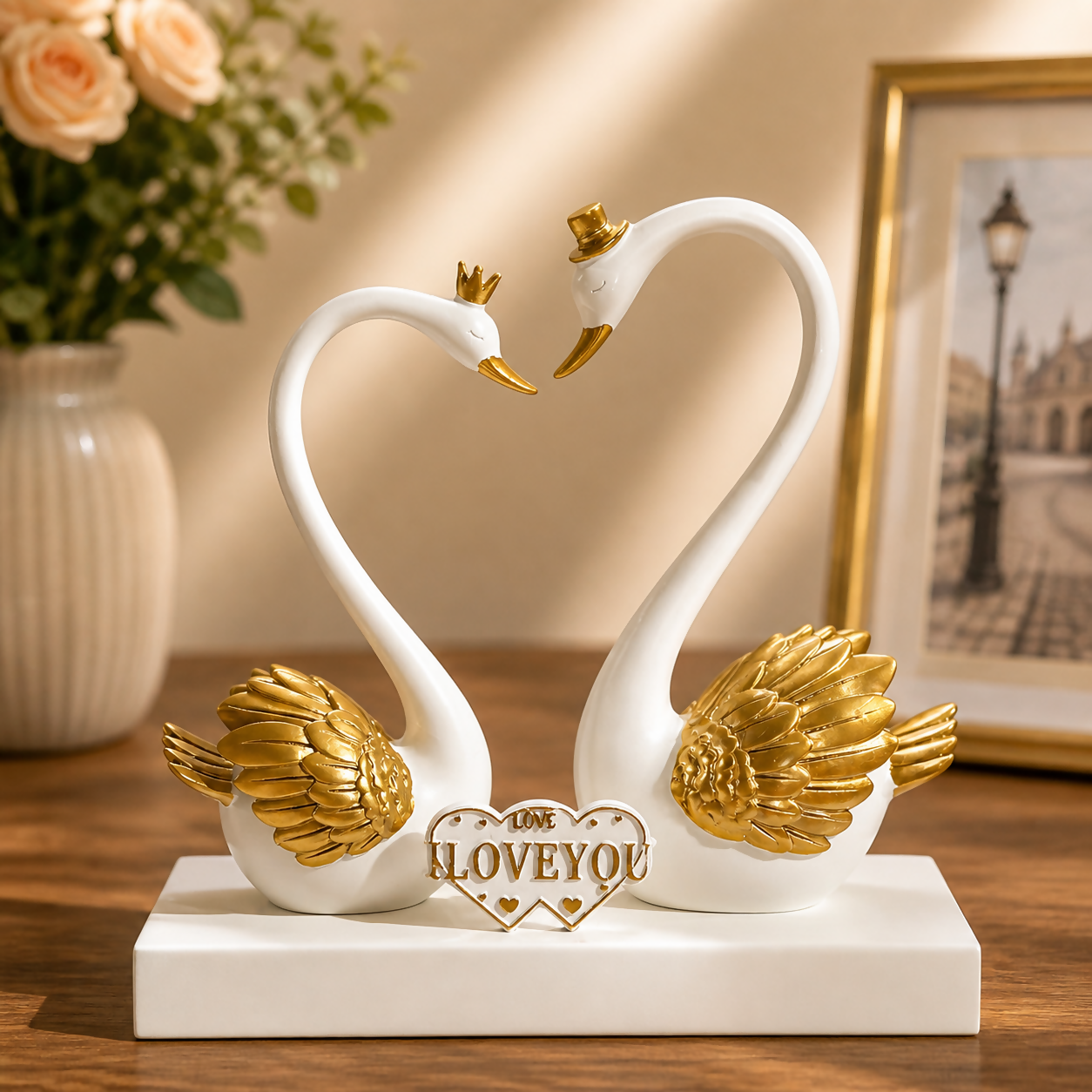 Romantic Swan Couple Showpiece with Love Plaque Home Decor (Color may vary)