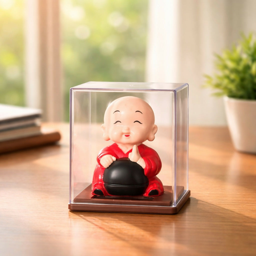 Laughing Buddha Idol in Transparent Display Box for Home & Office Decor (1 PC SOLAR POWERED)