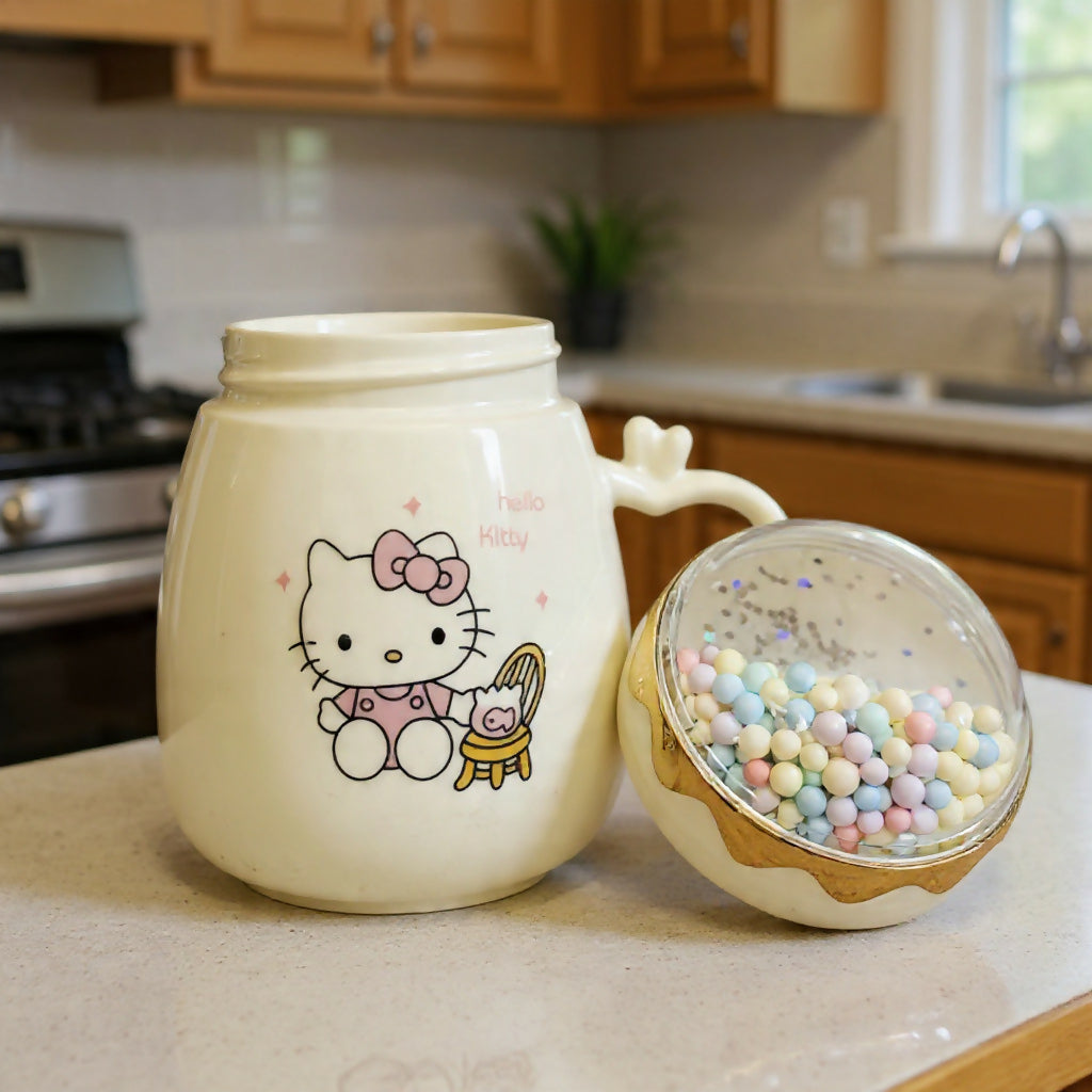 Cute Printed Ceramic Mug with Dome Lid, Coffee Tea Cup ( Color may vary )