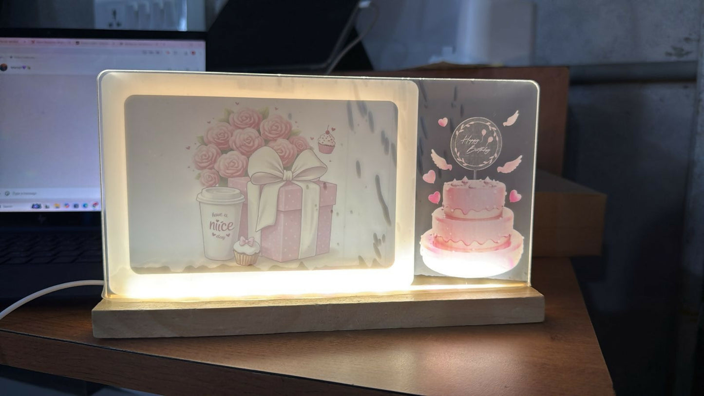 LED Birthday Gift Photo Frame Lamp with Wooden Base Decor