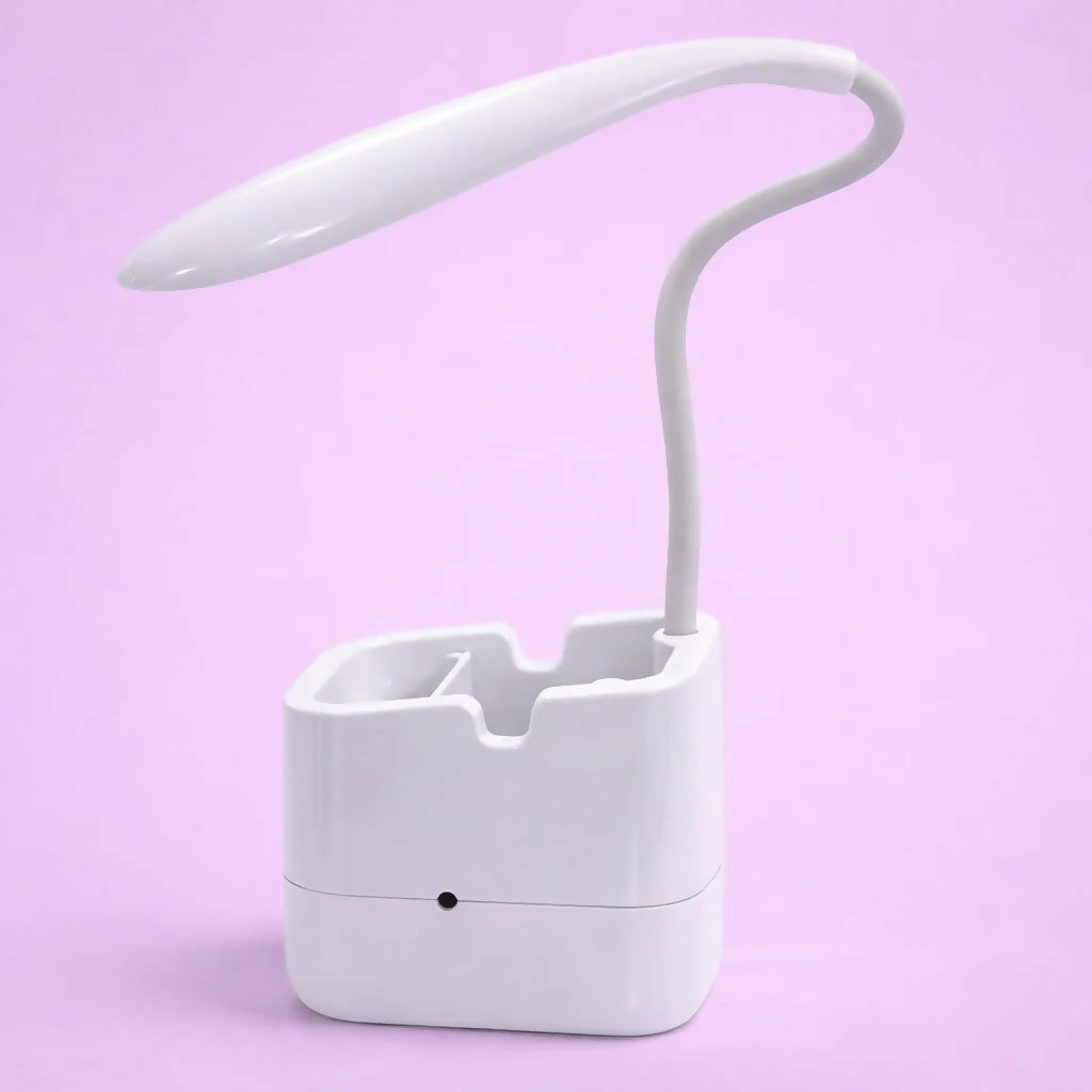 White LED Desk Lamp with Mobile Stand & Pen Holder, USB Charging Light