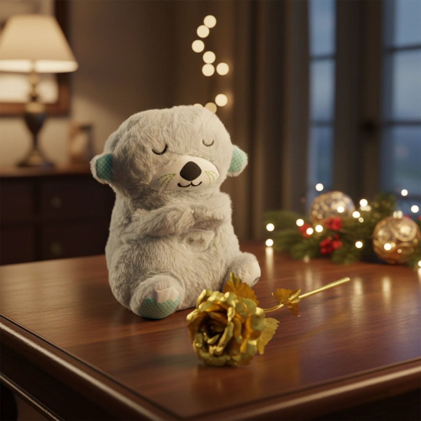 Teddy Bear with Artificial Golden Rose Flower Gift Set (2 Pc)