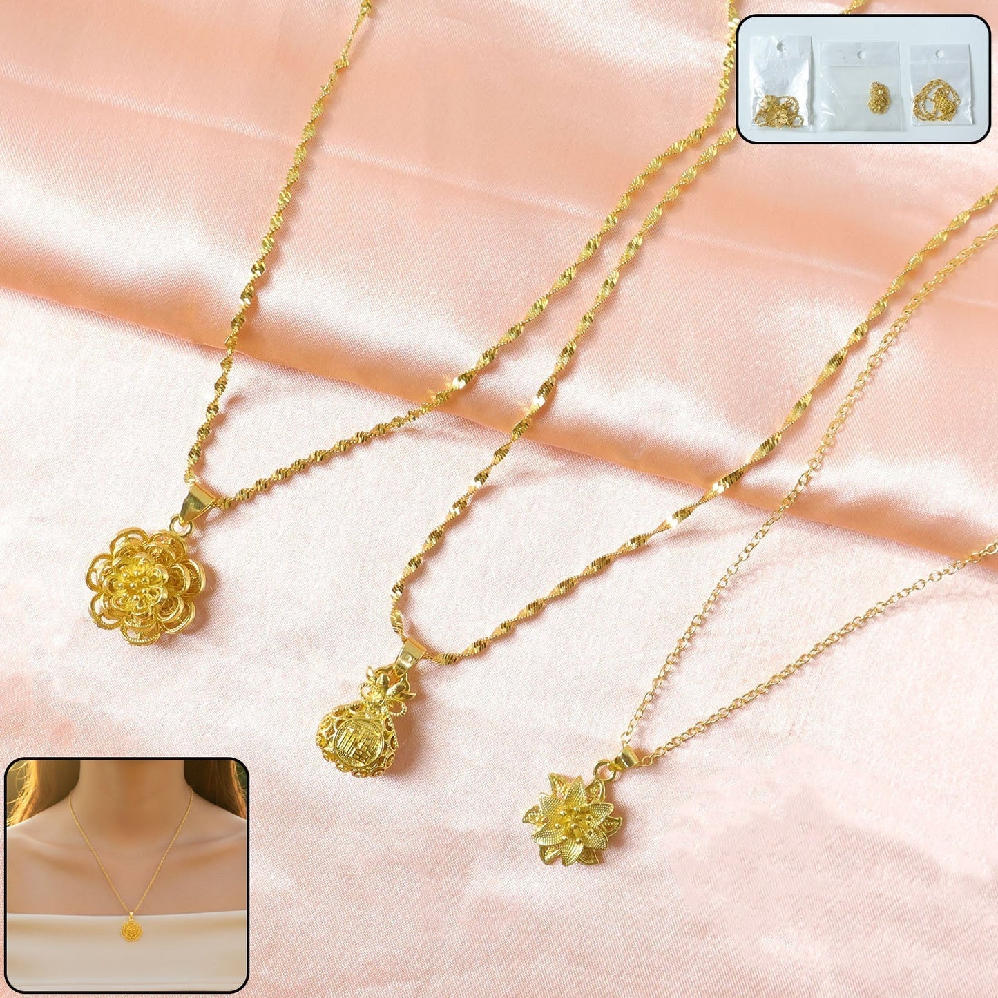 Elegant Gold Finish Floral & Traditional Pendant Necklace (1 Pc, Mix Design)
