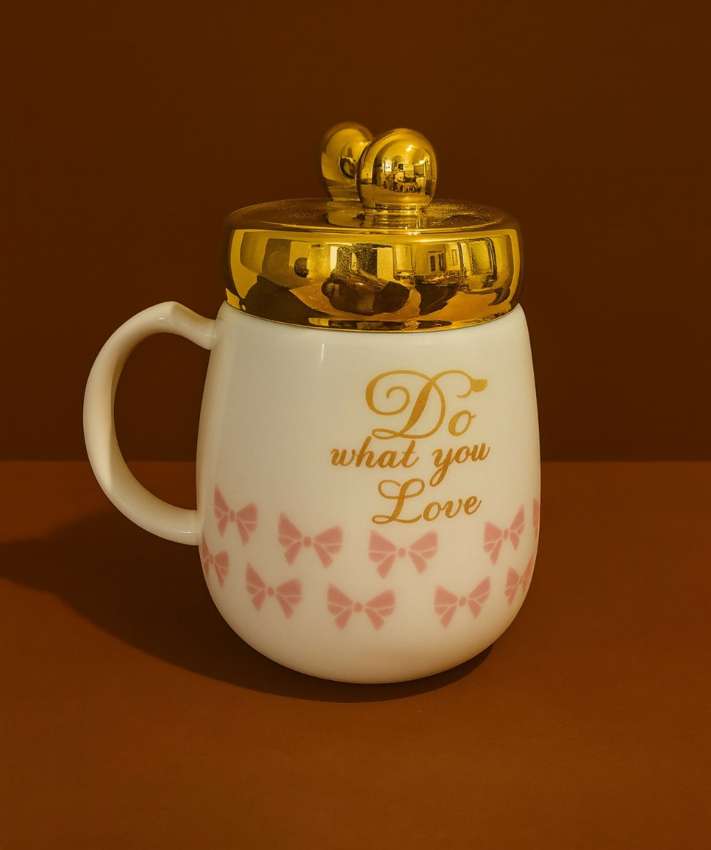 White Ceramic Mug with Golden Lid & Heart Handle – Do What You Love Print