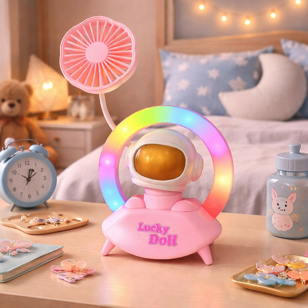 Pink Astronaut Desk Lamp with Fan & Color Light Ring Table Decor