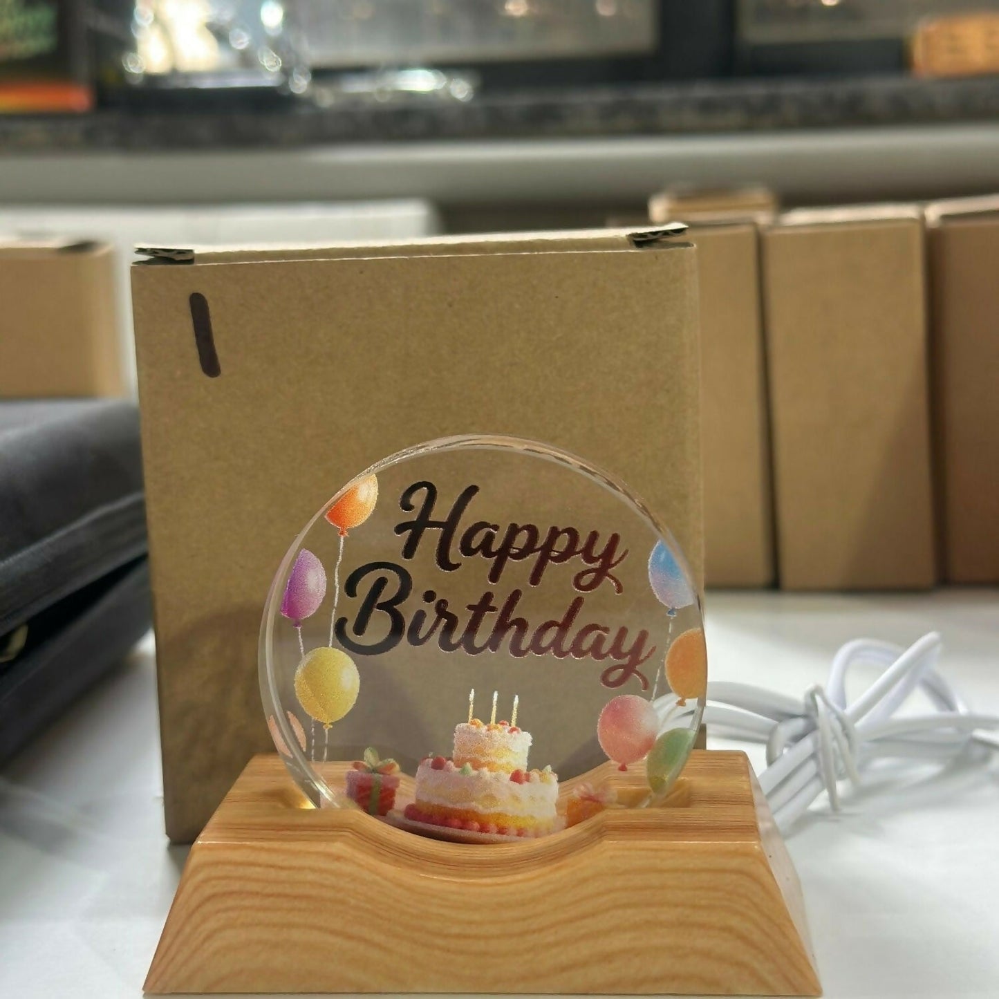 LED Happy Birthday Acrylic Night Lamp with Wooden Base Decor