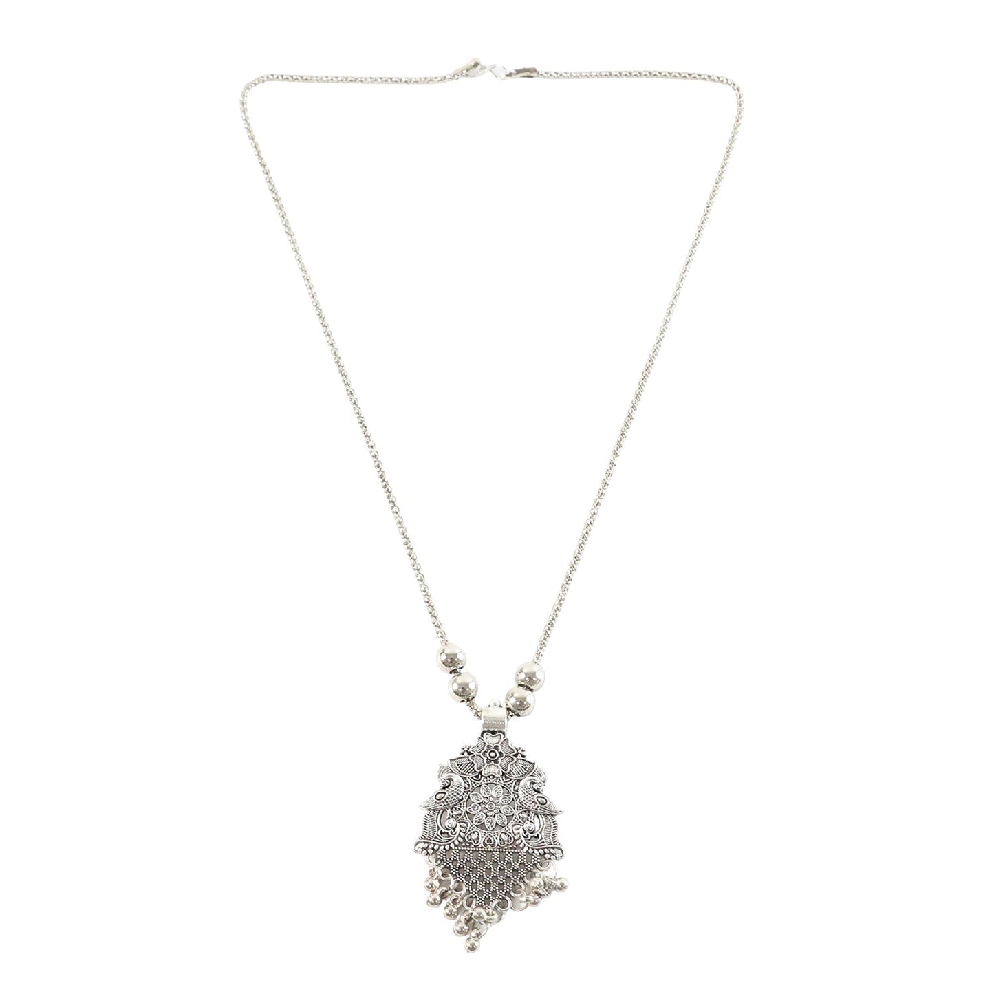 Oxidized Silver Finish Floral Motif Statement Pendant Necklace (1 Pc)