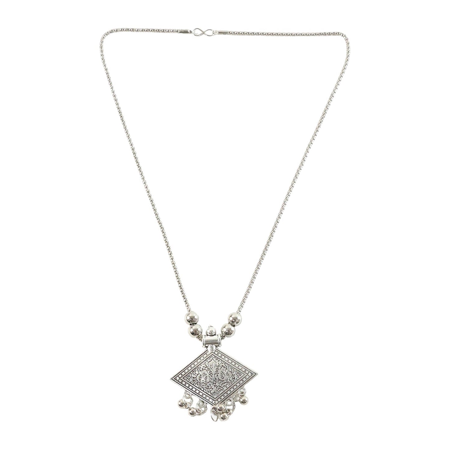 Antique Silver-Tone Square Floral Motif Oxidized Pendant Necklace (1 Pc)
