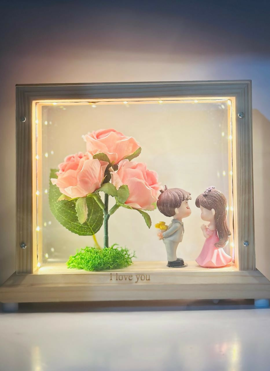 LED Wooden Shadow Box with Pink Rose & Couple Figurines – Gift