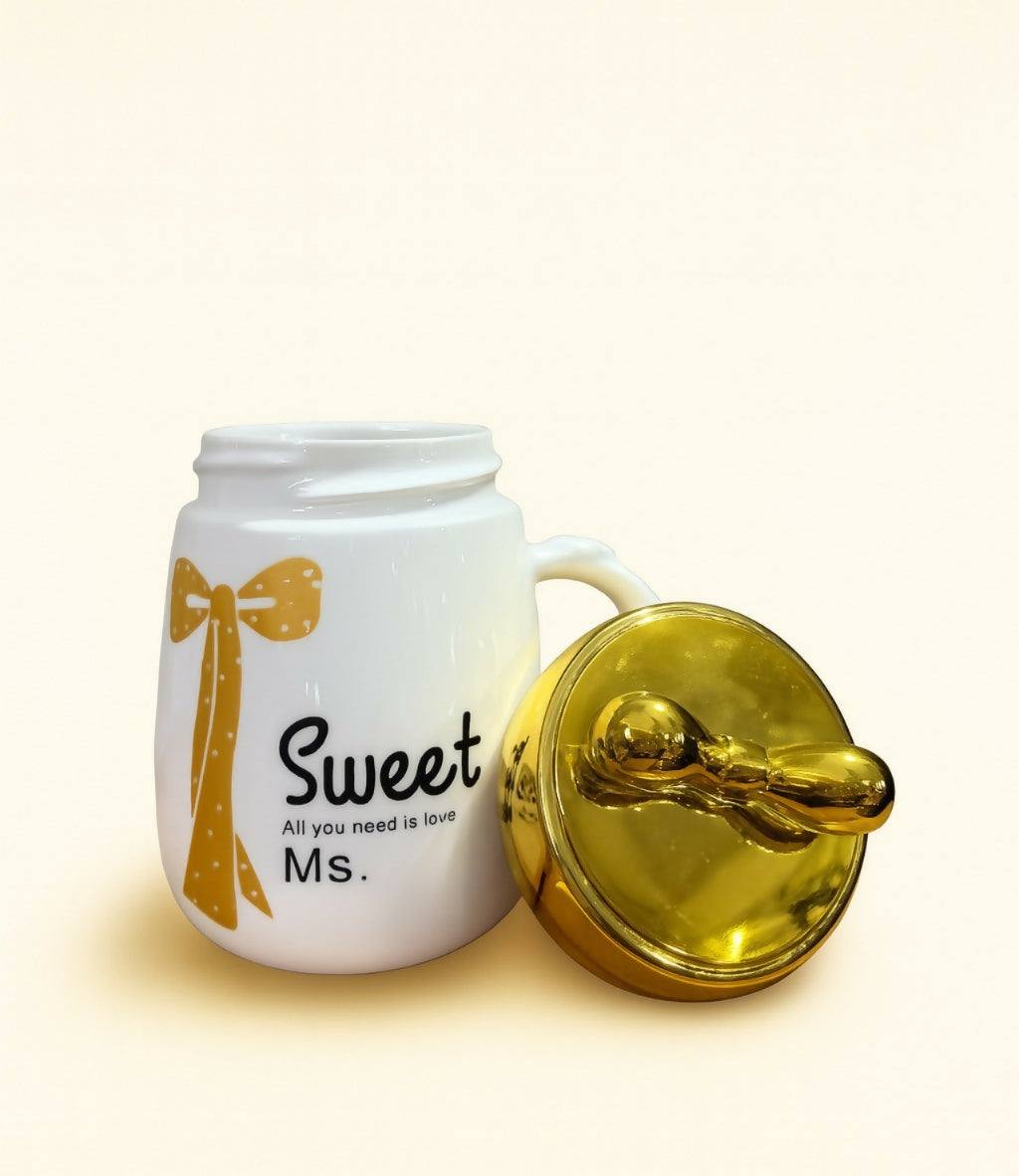 Sweet Ms. Ceramic Mug with Golden Bow Lid – Gift Mug for Women