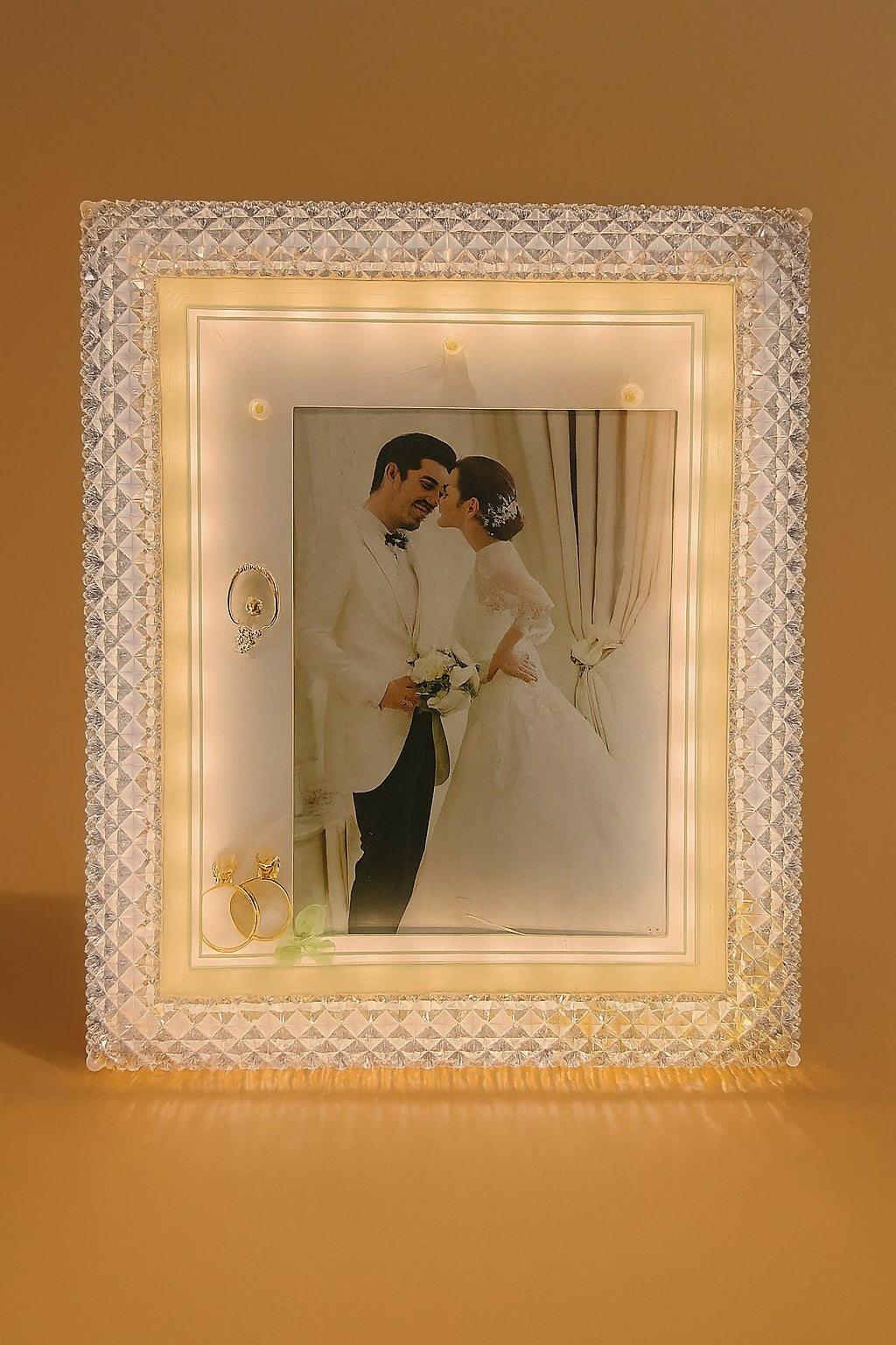 Premium LED Crystal Wedding Photo Frame with 3D Ring Decor for Bedroom Decoration
