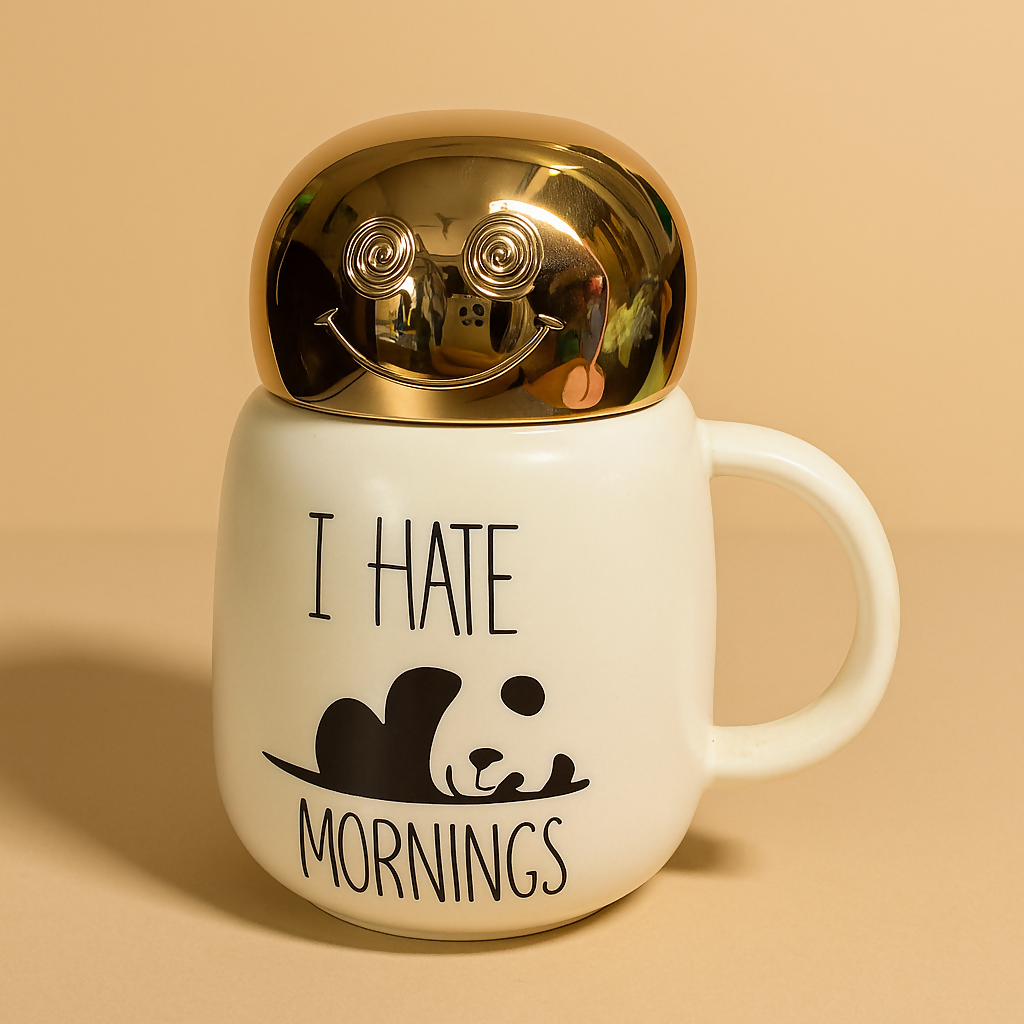 Cute Panda Ceramic Coffee Mug with Golden Lid – “I Hate Mornings†Design