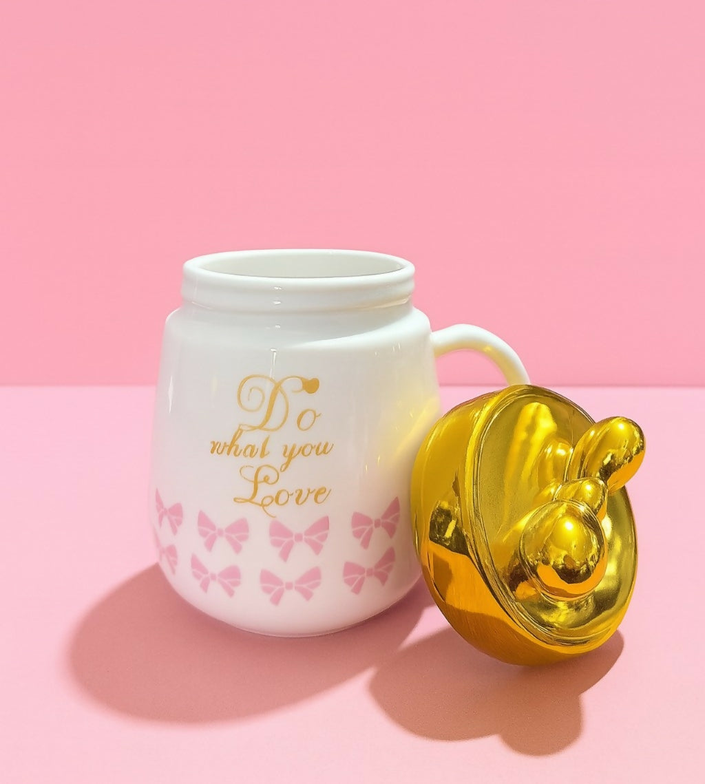 White Ceramic Mug with Golden Lid & Heart Handle – Do What You Love Print