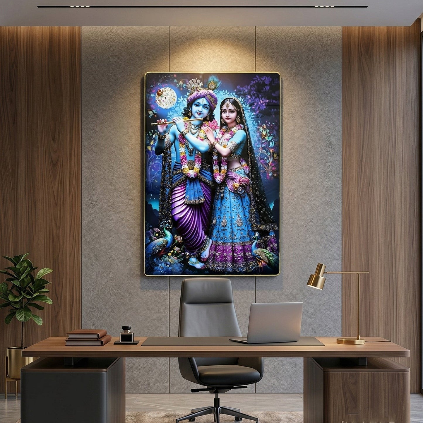 Divine Radha Krishna Full Moon Artistic Wall Frame (1 Pc, 89x58 Cm)