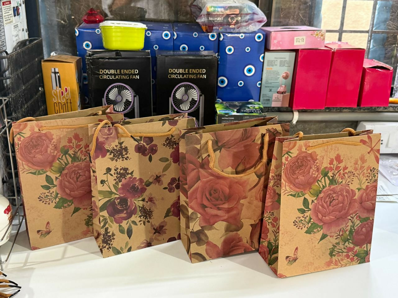 Small Floral Kraft Paper Gift Bags with Rope Handles Set of 4