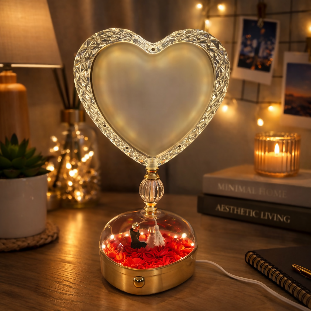 Heart Shape LED Photo Frame Lamp with Rose Dome Base Light