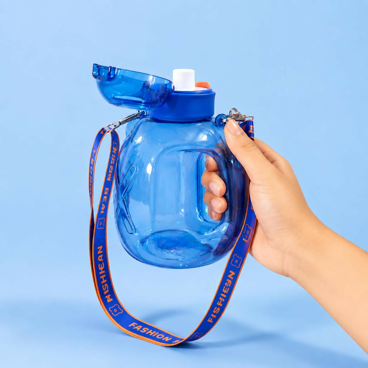 Blue 1200 ML Kids Bear Water Bottle with Straw & Adjustable Sling Strap