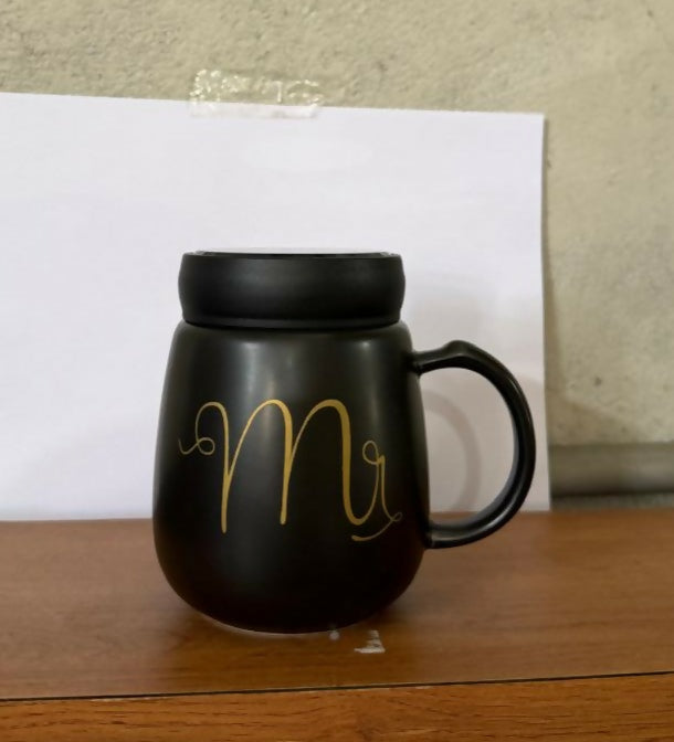 Mr Printed Ceramic Coffee Mug with Lid, Stylish Tea Cup
