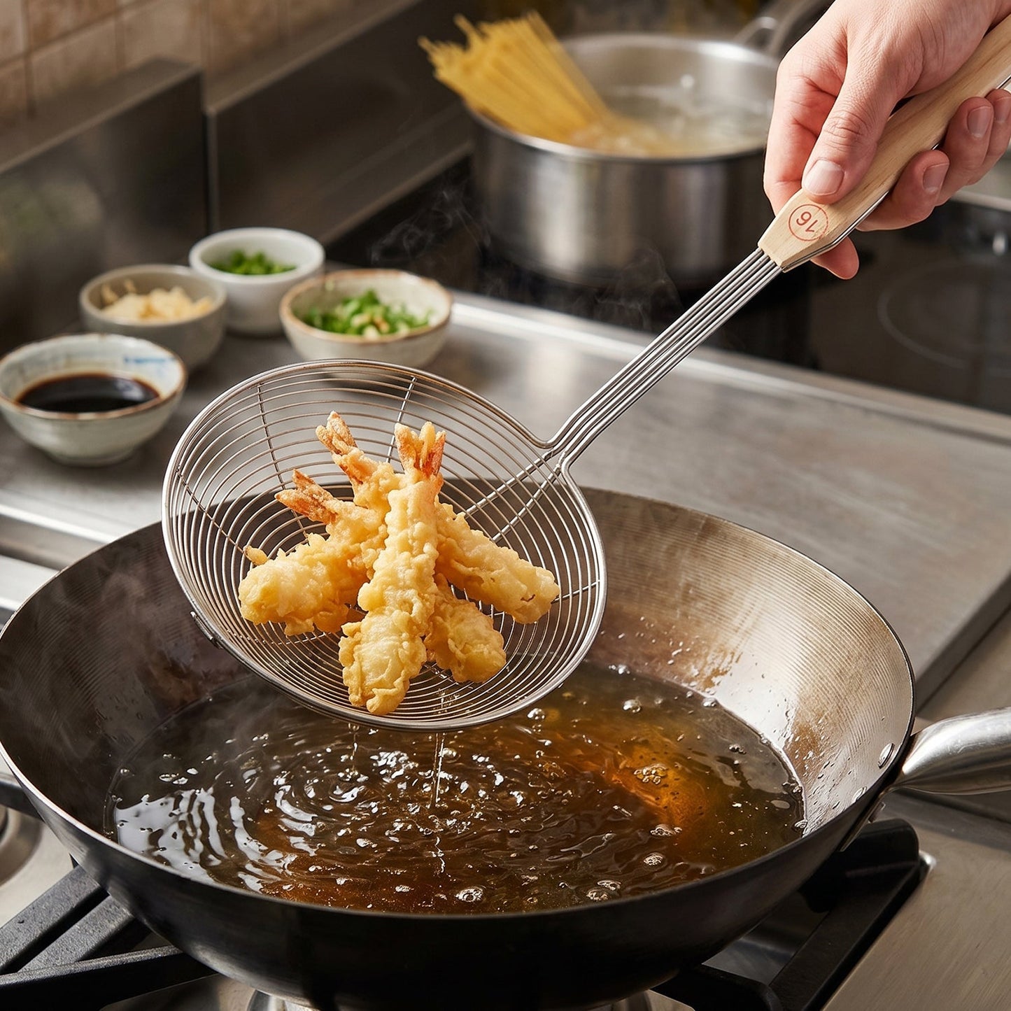Stainless Steel Frying Skimmer Strainer with Wooden Handle (1 Pc, 45 Cm)
