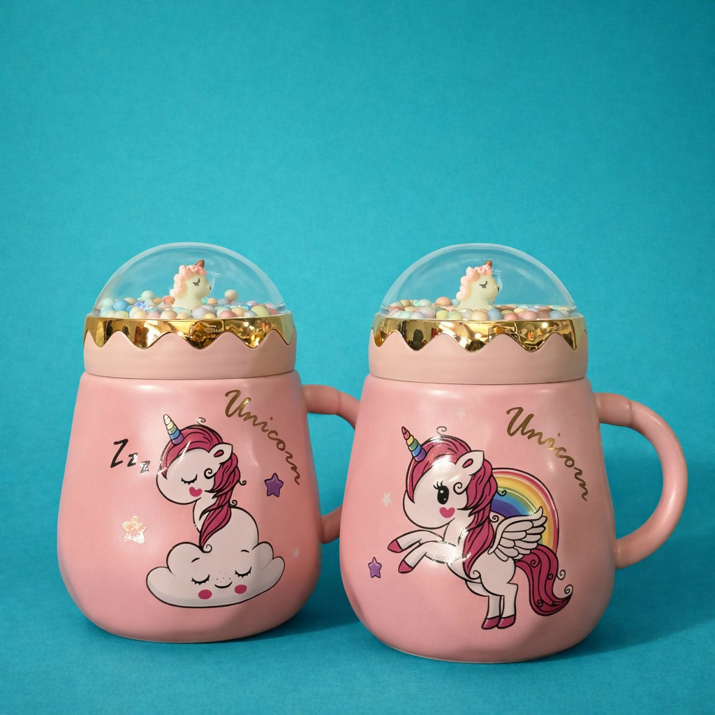 Unicorn Printed Ceramic Mug with Lid, Cute Kids Coffee Cup